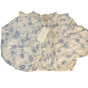 NWT LoveShackFancy white blue cottage ruffle long sleeve‎ cropped shirt SIZE 12